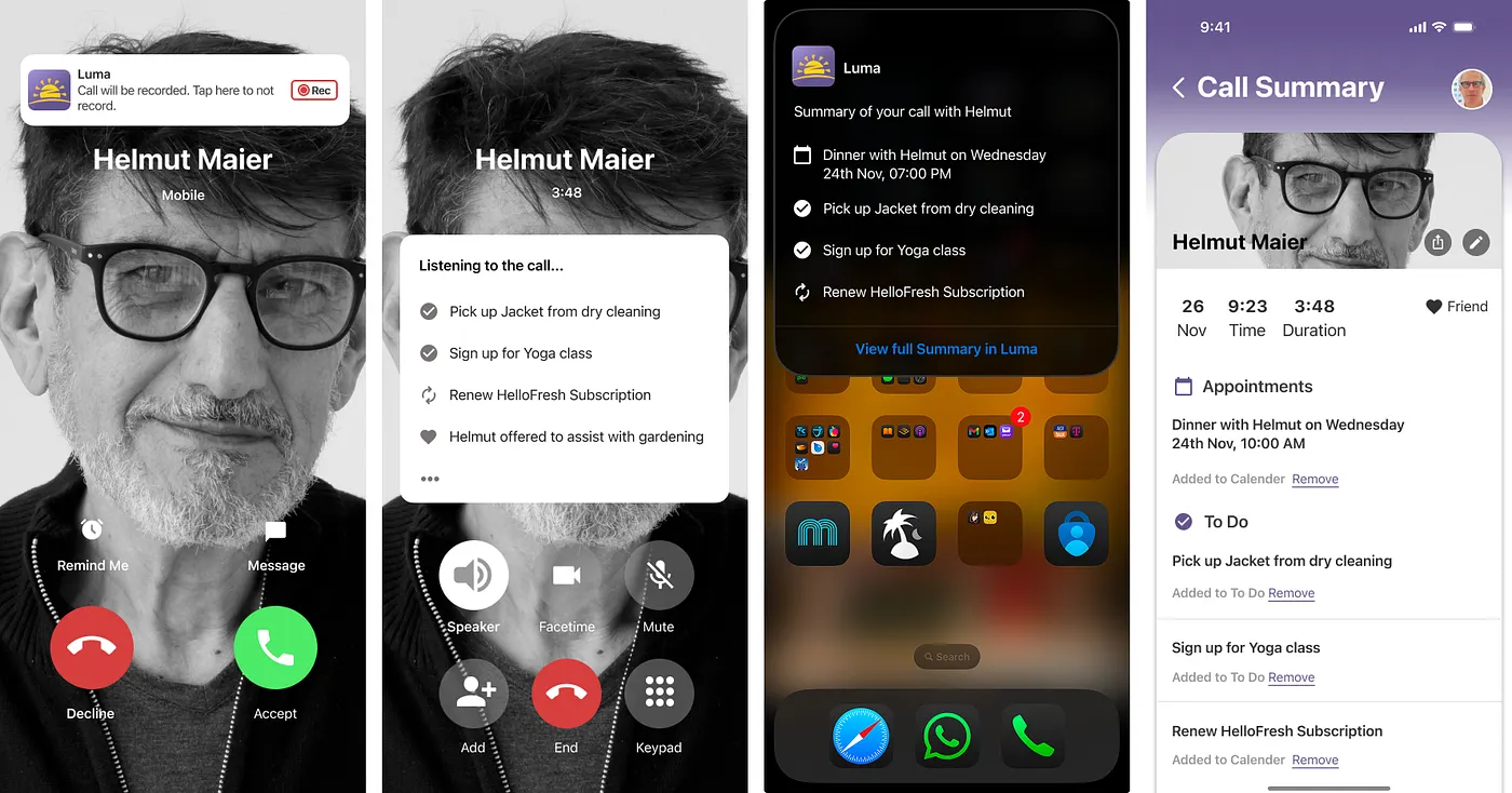 Four iPhone screens showing the Smart Call feature: incoming call notification, live call transcription, lock screen summary, and Call Summary view